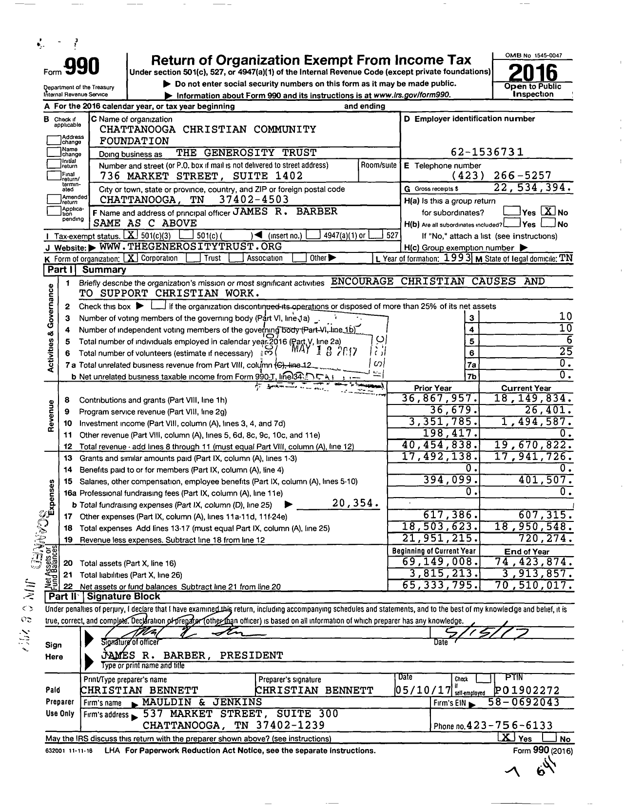 Image of first page of 2016 Form 990 for The Generosity Trust