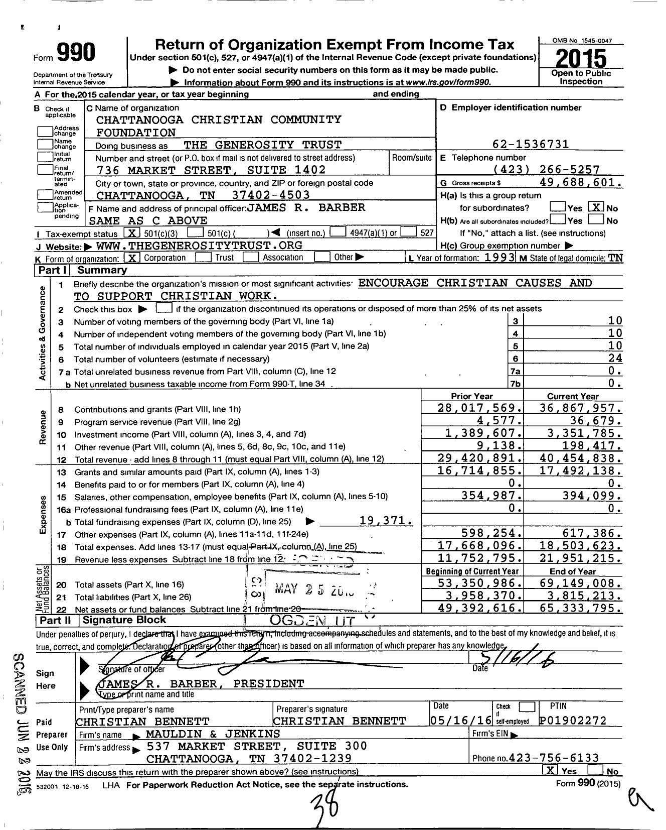Image of first page of 2015 Form 990 for The Generosity Trust