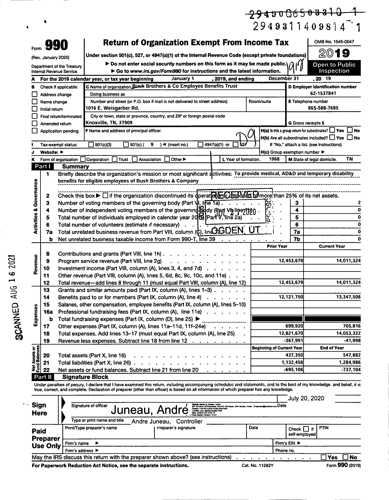 Image of first page of 2019 Form 990O for Bush Brothers and Employee Benefits Trust