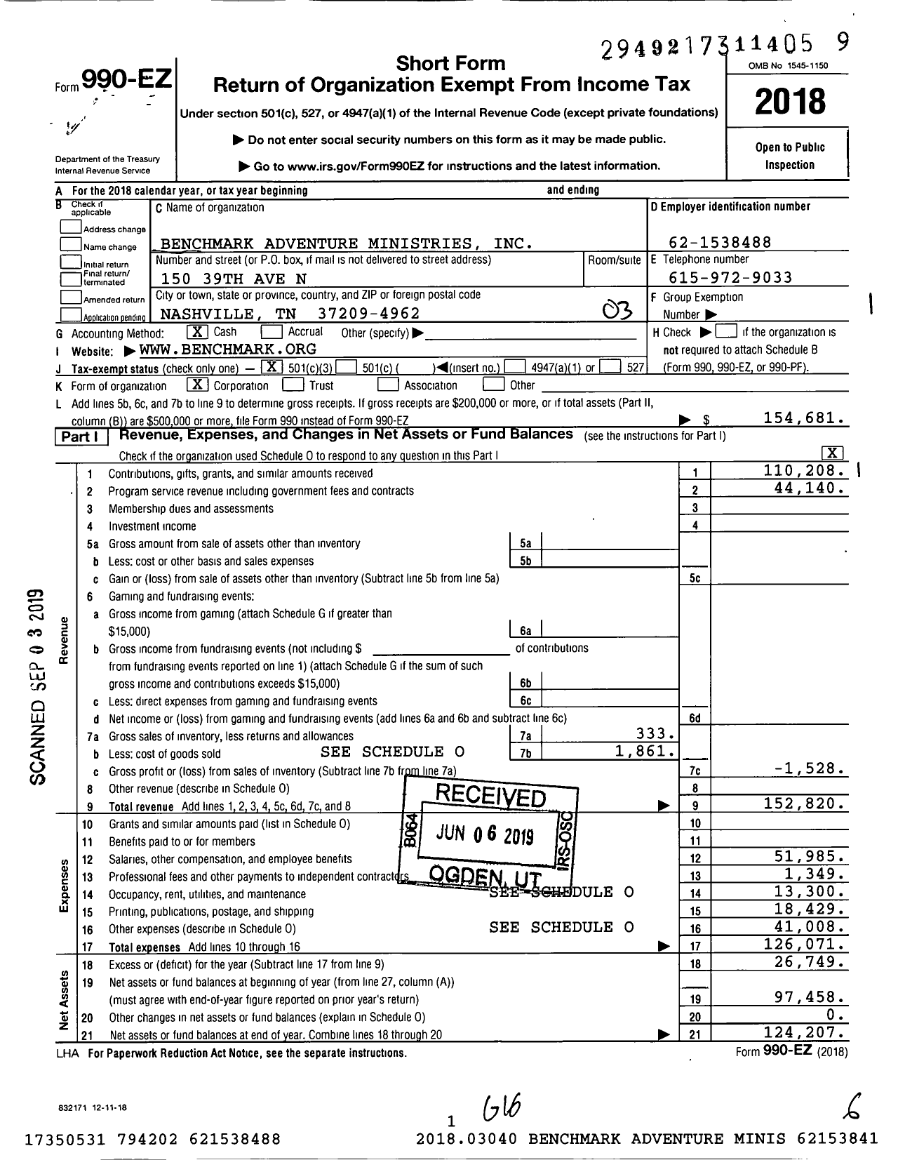 Image of first page of 2018 Form 990EZ for Benchmark Adventure Ministries