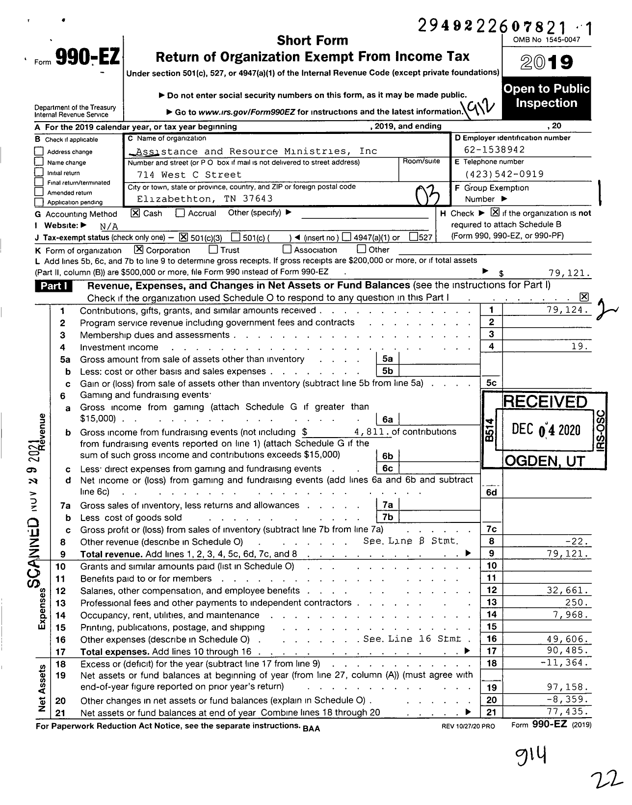 Image of first page of 2019 Form 990EZ for Assistance and Resource Ministries