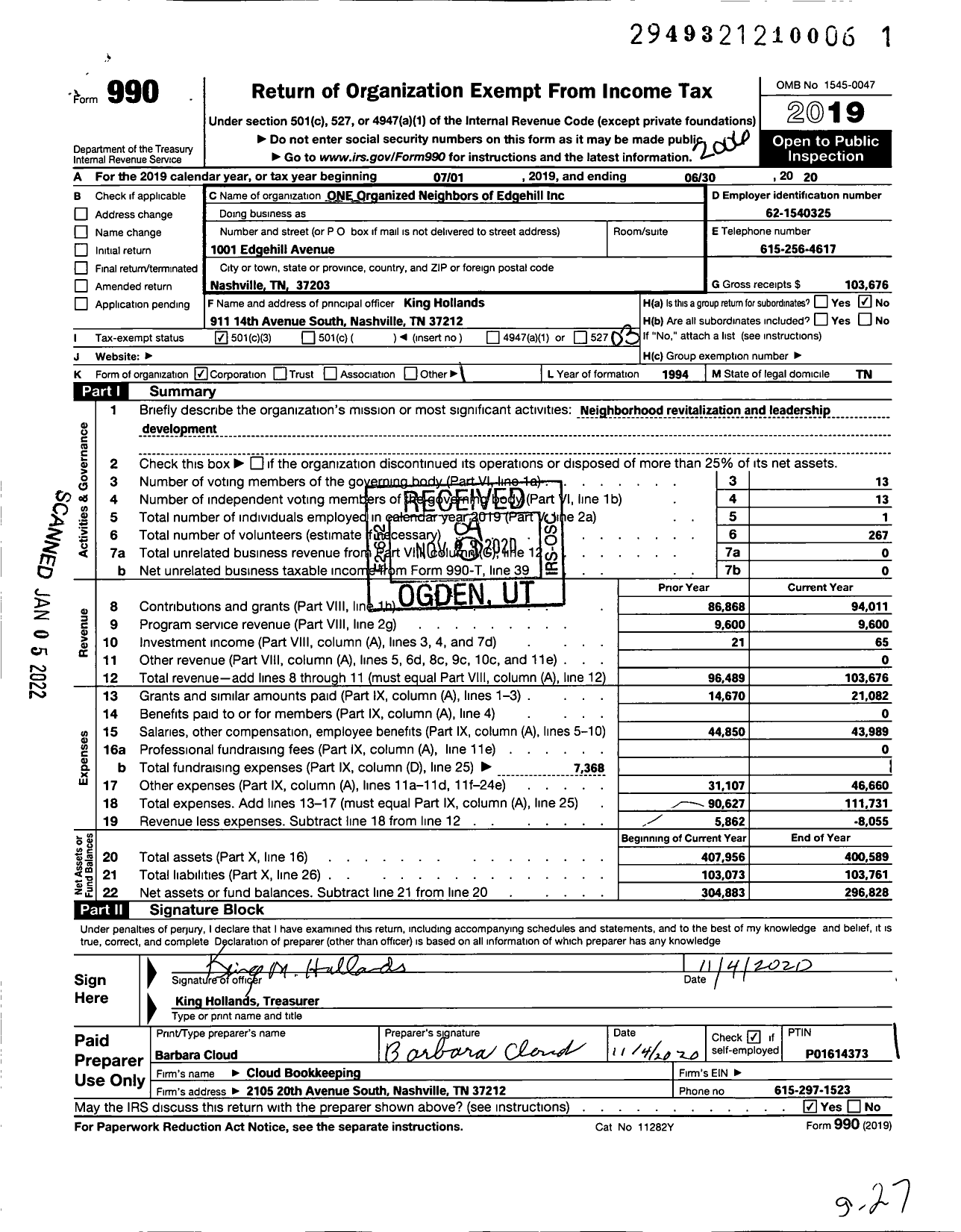 Image of first page of 2019 Form 990 for ONE Organized Neighbors of Edgehill