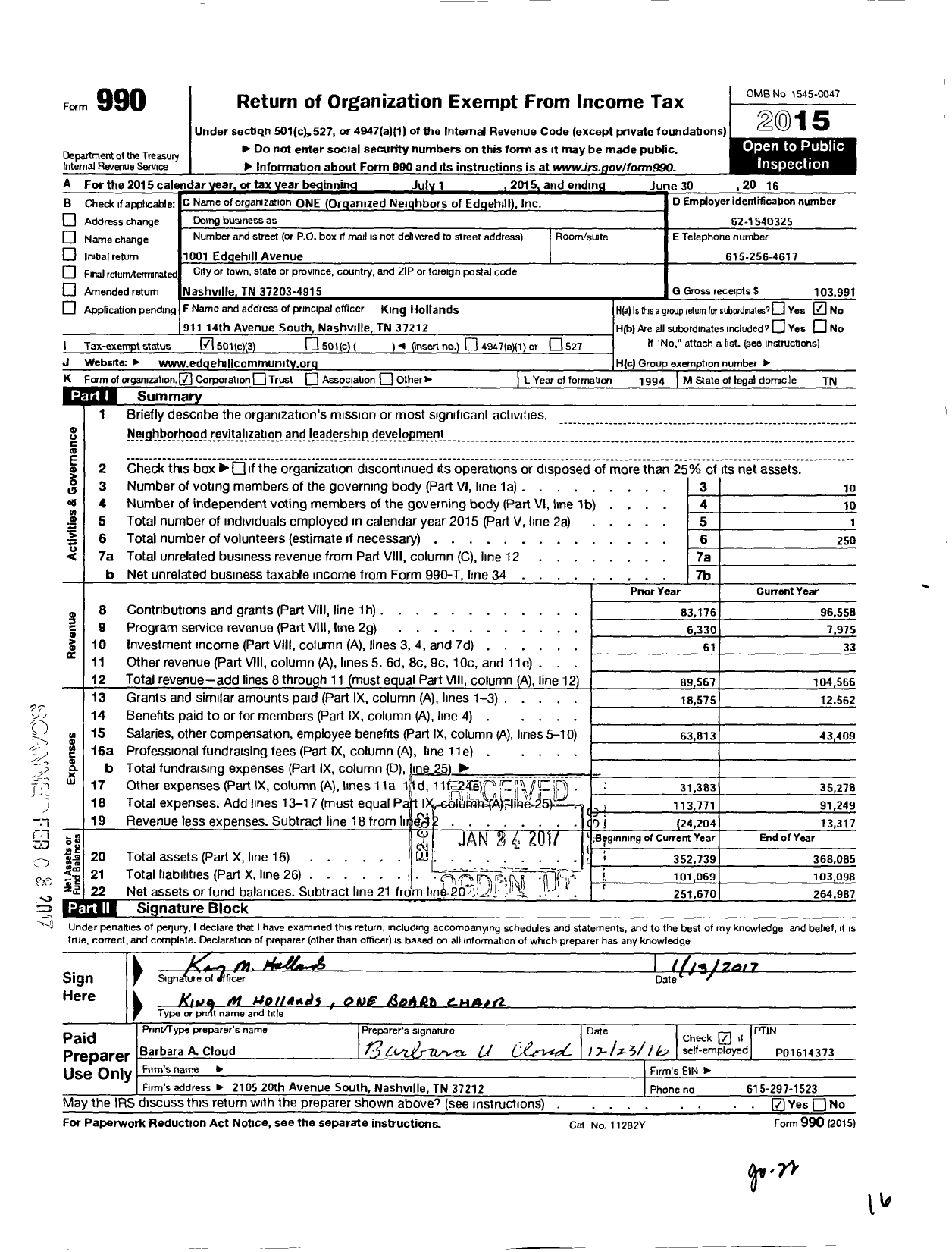 Image of first page of 2015 Form 990 for ONE Organized Neighbors of Edgehill