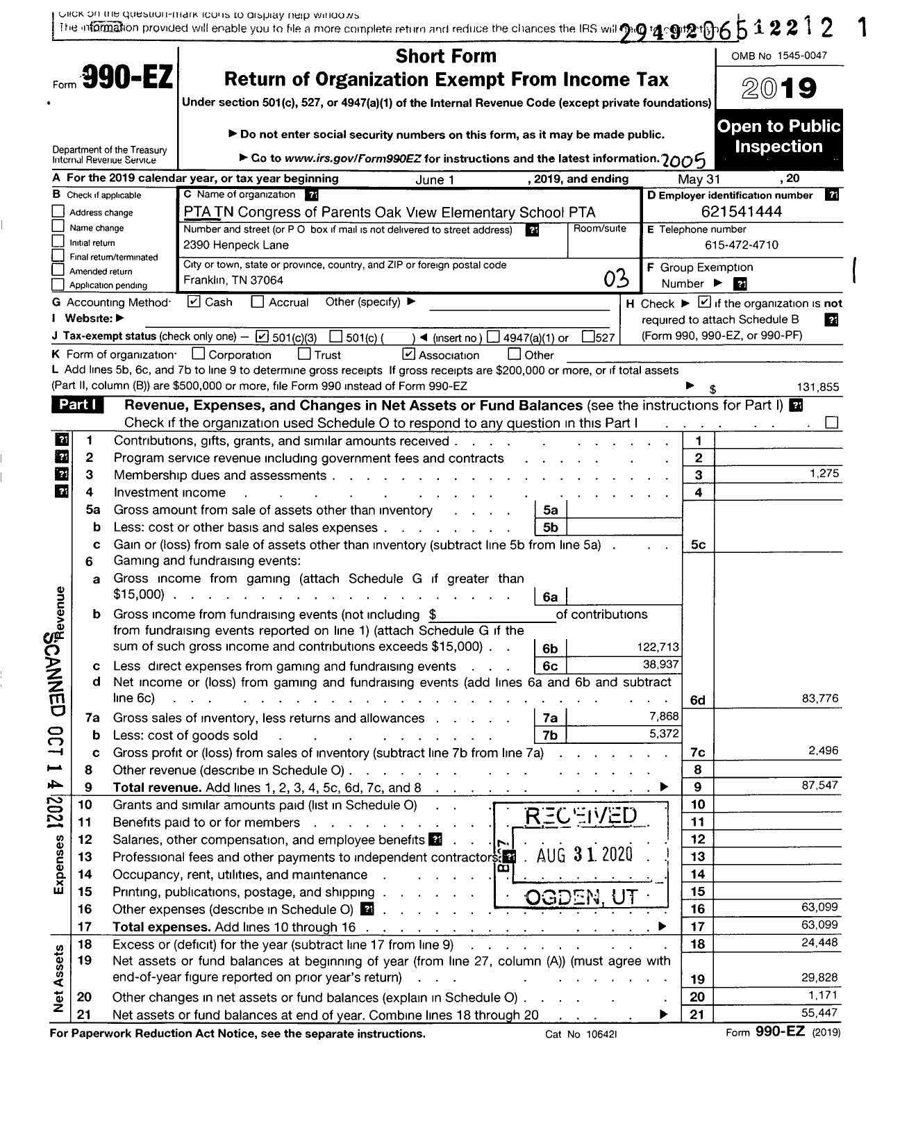 Image of first page of 2019 Form 990EZ for PTA Tennessee Congress of Parents and Teachers / Oakview Elementary School PTA