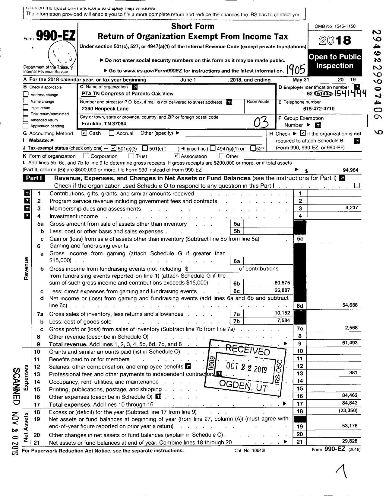 Image of first page of 2018 Form 990EZ for PTA Tennessee Congress of Parents and Teachers / Oakview Elementary School PTA