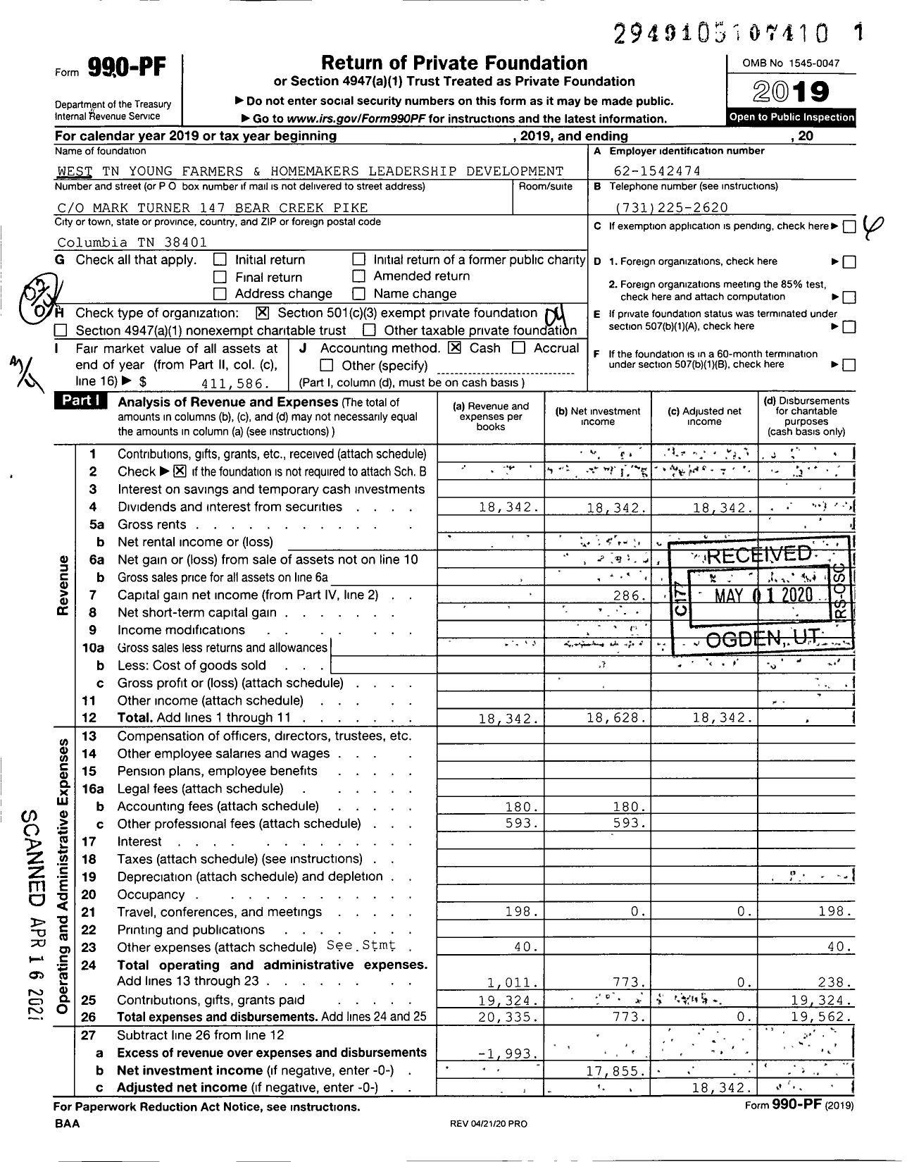 Image of first page of 2019 Form 990PF for West TN Young Farmers and Homemakers Leadership Development