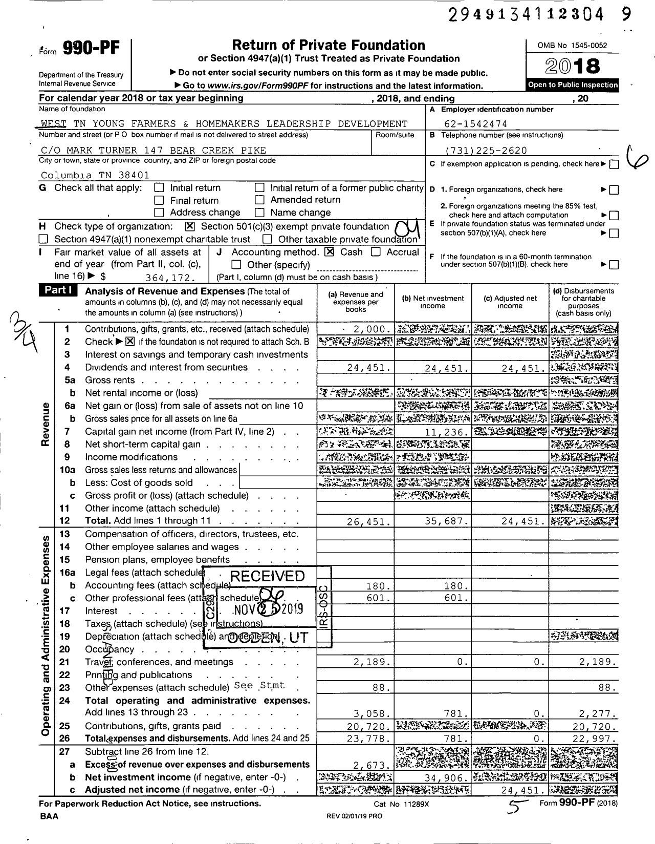 Image of first page of 2018 Form 990PF for West TN Young Farmers and Homemakers Leadership Development