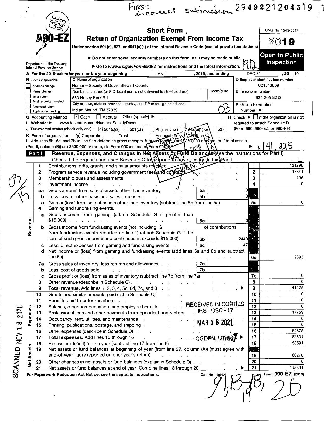 Image of first page of 2019 Form 990EZ for HUMANE SOCIETY OF DOVER Stewart COUNTY INCORPORATED Cat Adoption Team OF Stewart COUNTY