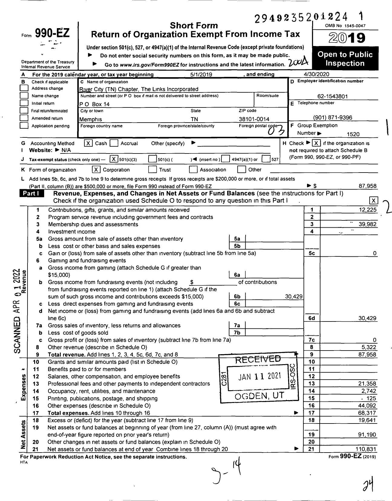 Image of first page of 2019 Form 990EZ for River City