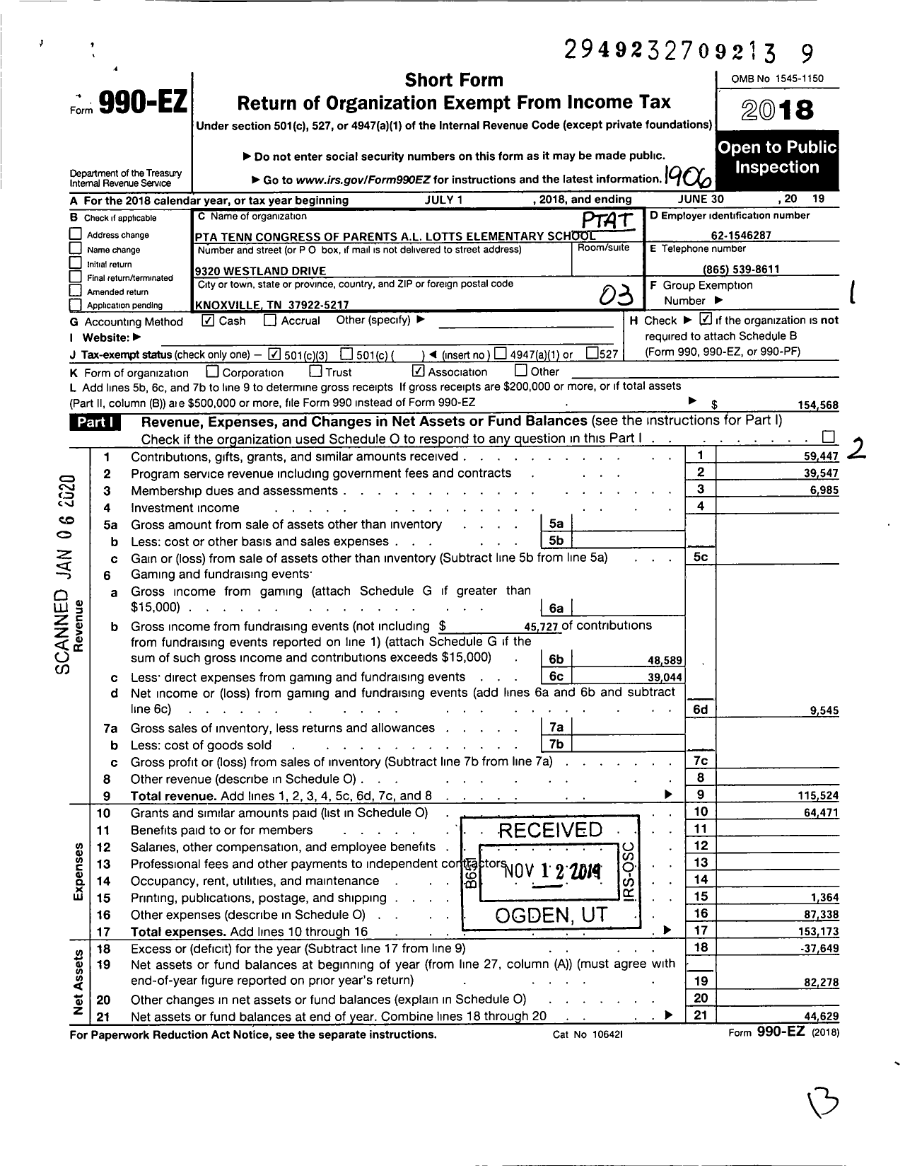Image of first page of 2018 Form 990EZ for PTA Tennessee Congress of Parents and Teachers A L Lotts Elementary