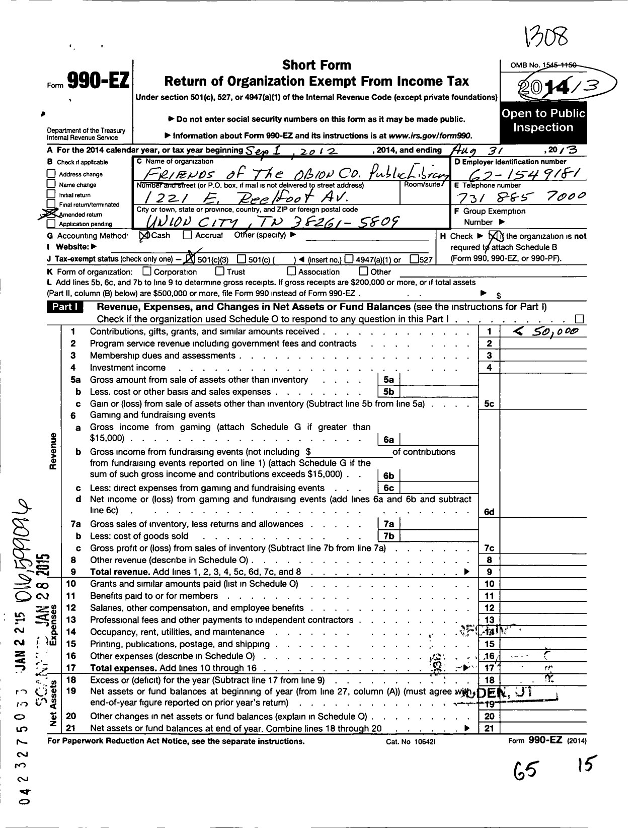 Image of first page of 2012 Form 990EZ for Friends of the Obion County Public