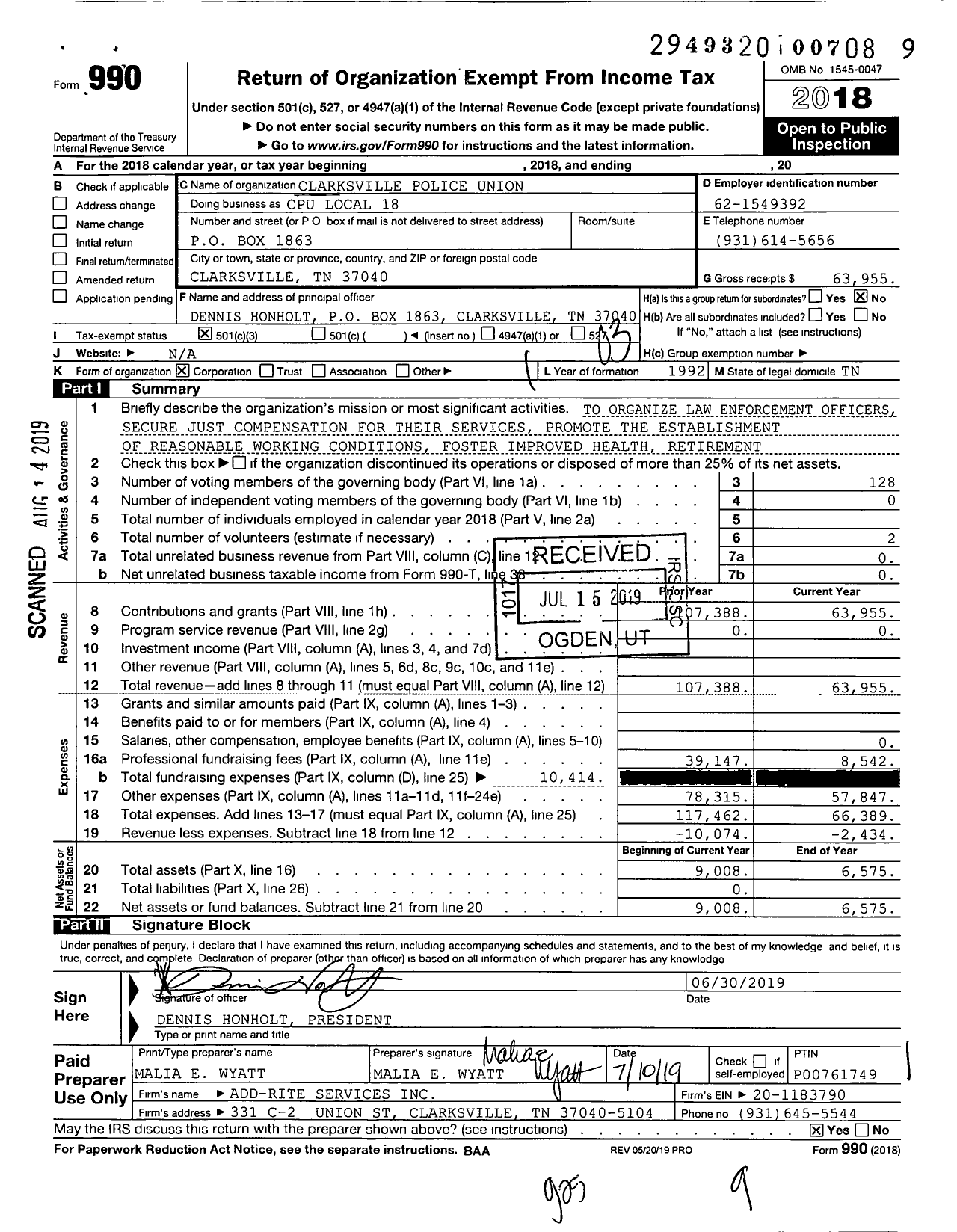 Image of first page of 2018 Form 990 for Clarksville Police Union Cpu Local 18