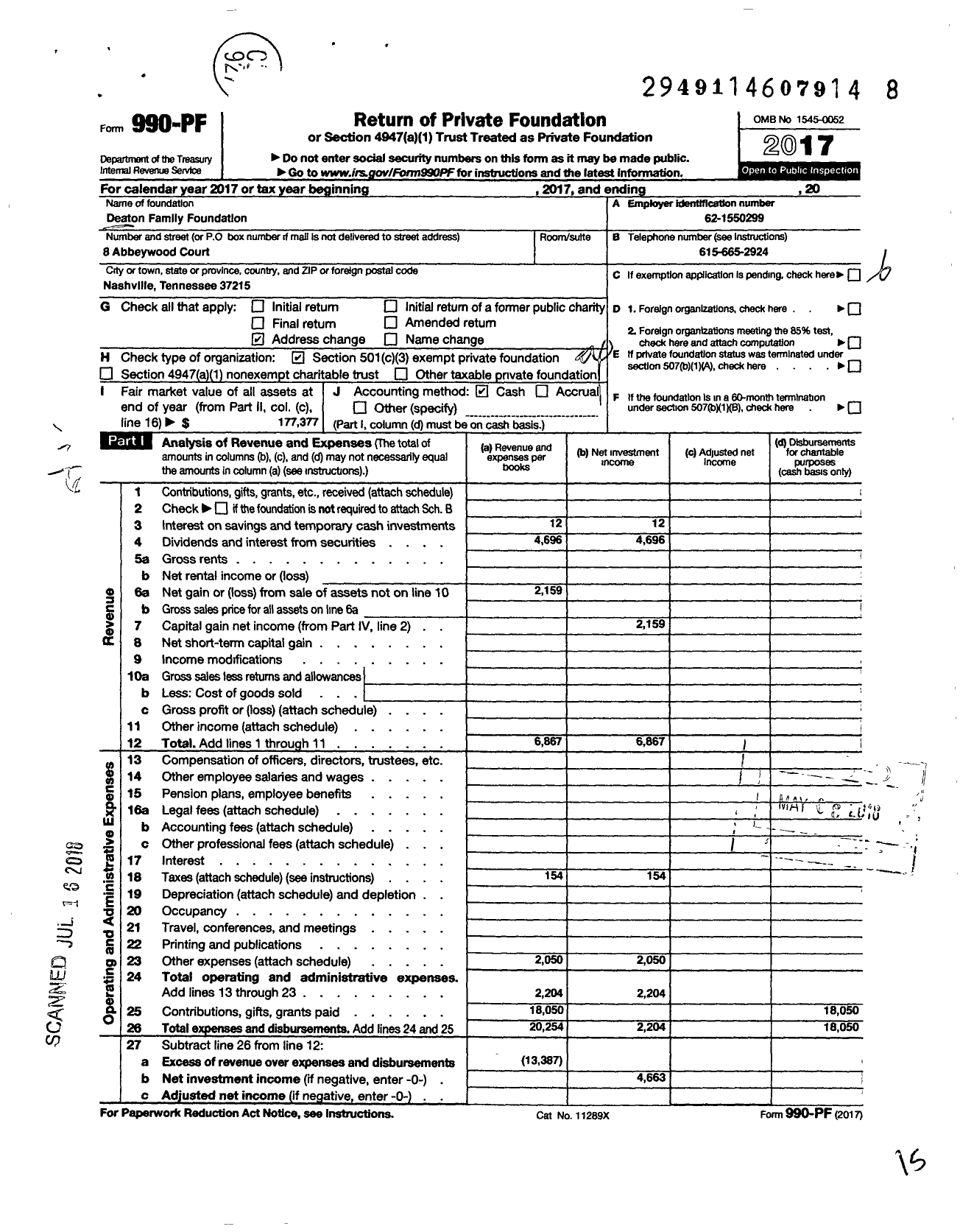 Image of first page of 2017 Form 990PF for Deaton Family Foundation