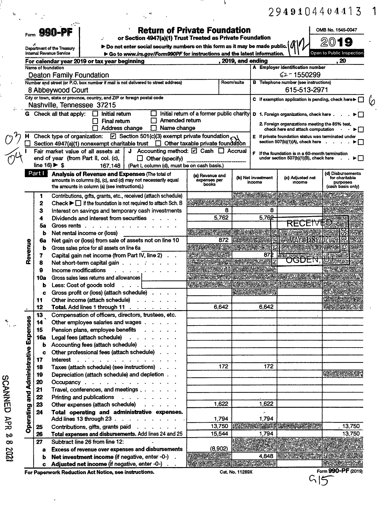 Image of first page of 2019 Form 990PF for Deaton Family Foundation