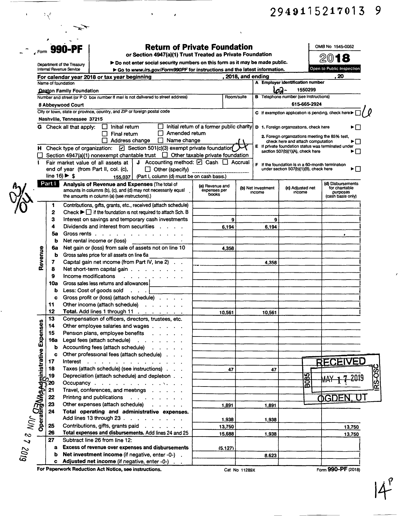 Image of first page of 2018 Form 990PF for Deaton Family Foundation