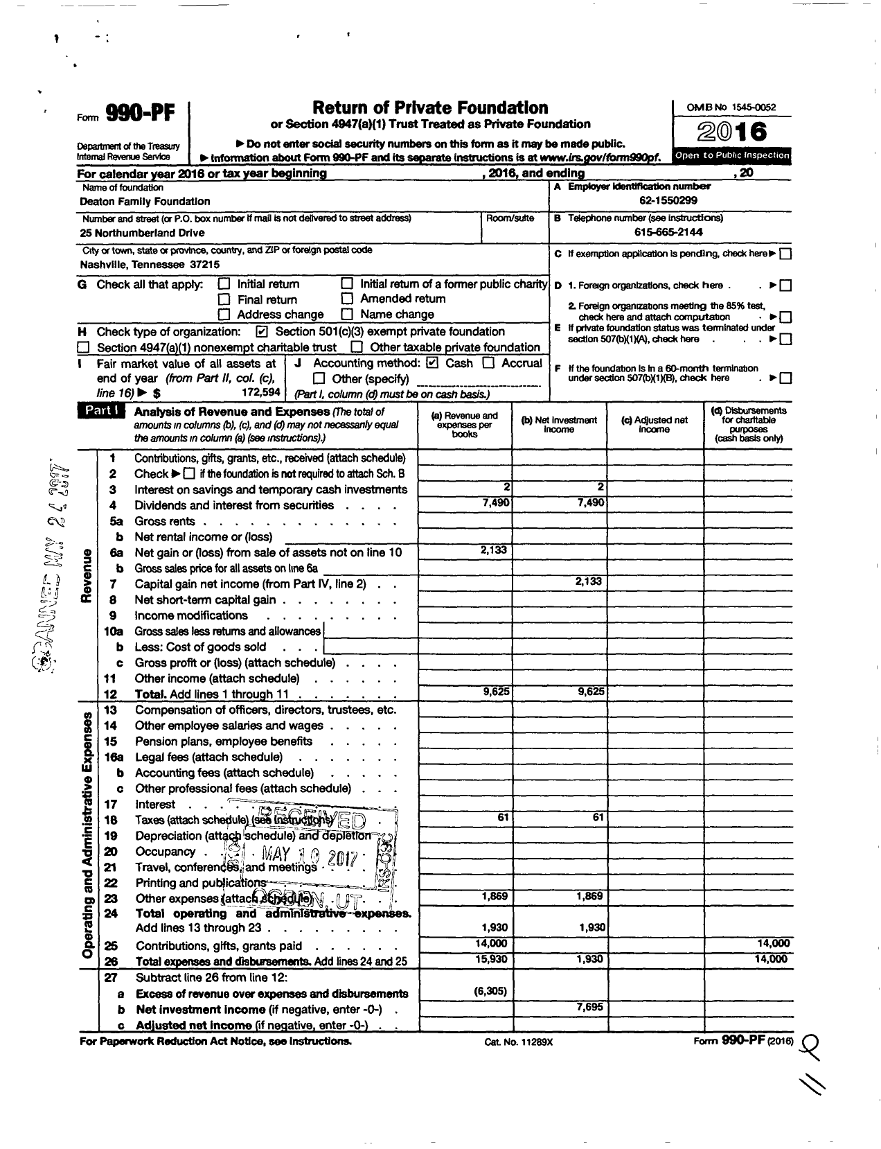 Image of first page of 2016 Form 990PF for Deaton Family Foundation