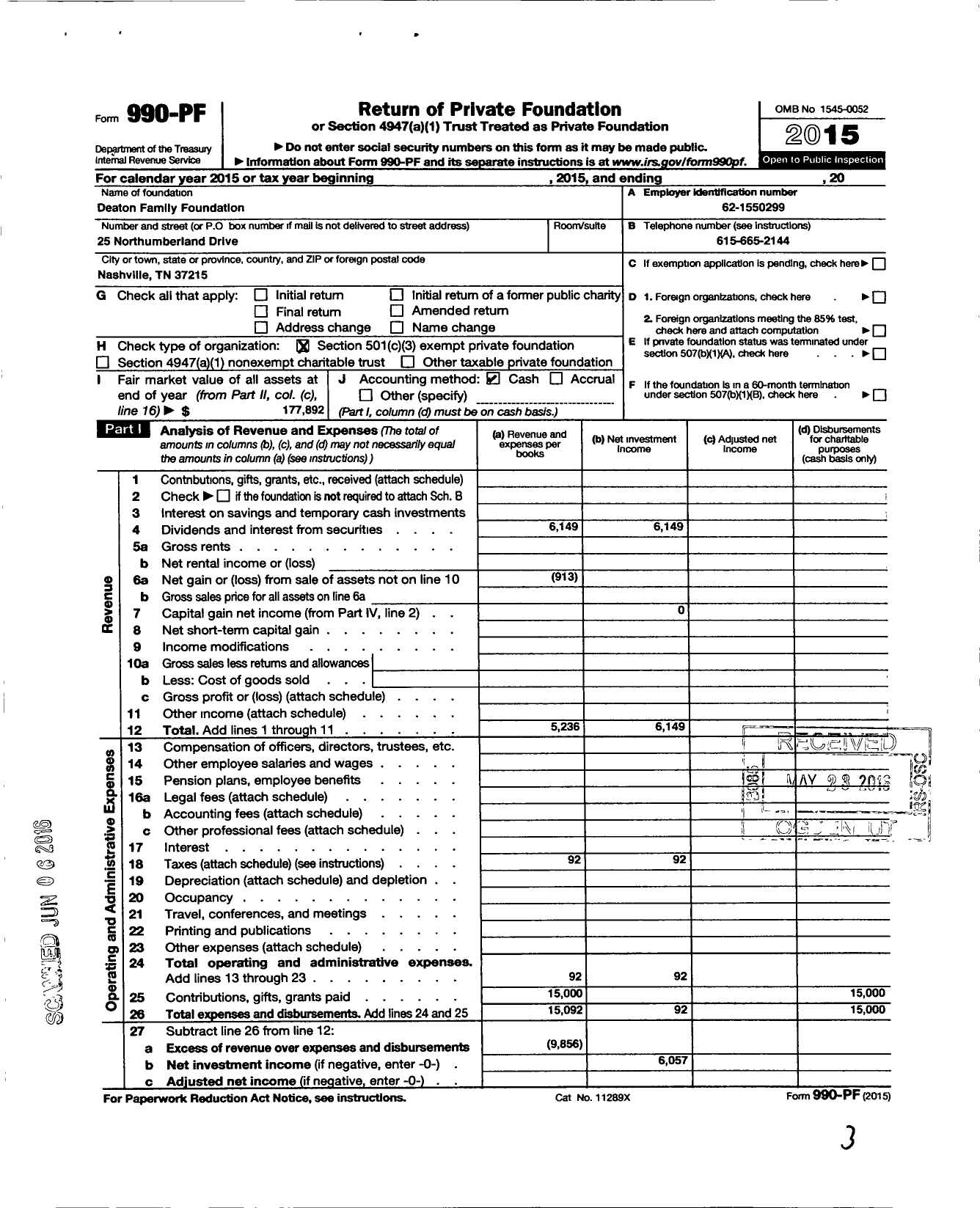 Image of first page of 2015 Form 990PF for Deaton Family Foundation