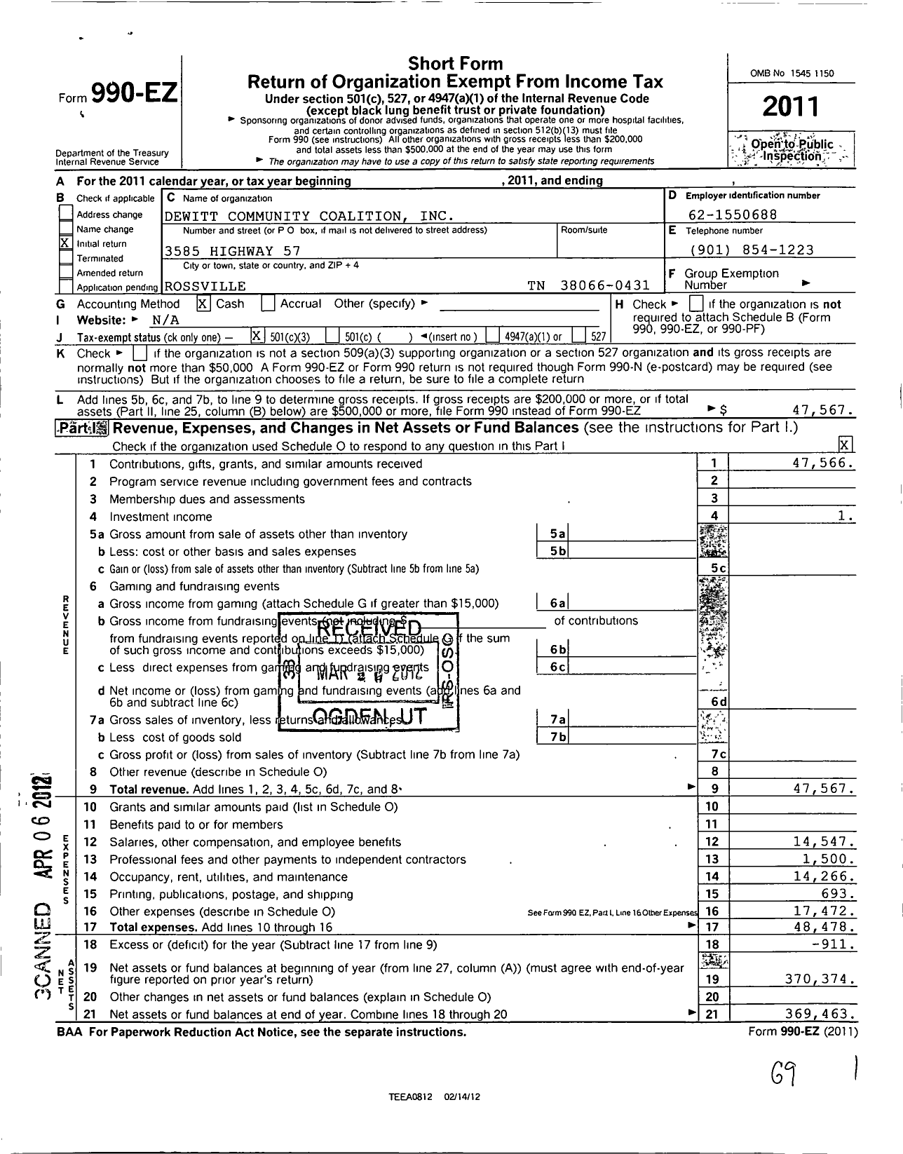 Image of first page of 2011 Form 990EZ for Dewitt Community Coalition