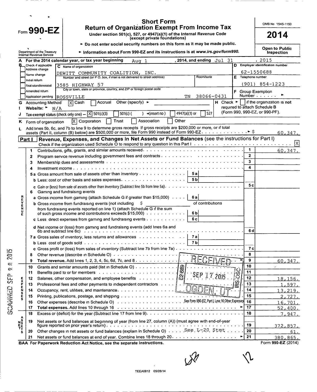 Image of first page of 2014 Form 990EZ for Dewitt Community Coalition