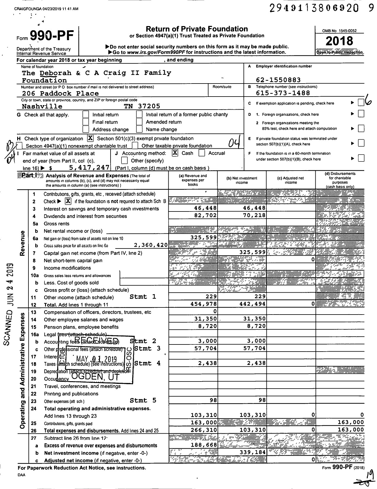 Image of first page of 2018 Form 990PF for The Deborah and C A Craig Ii Family Foundation