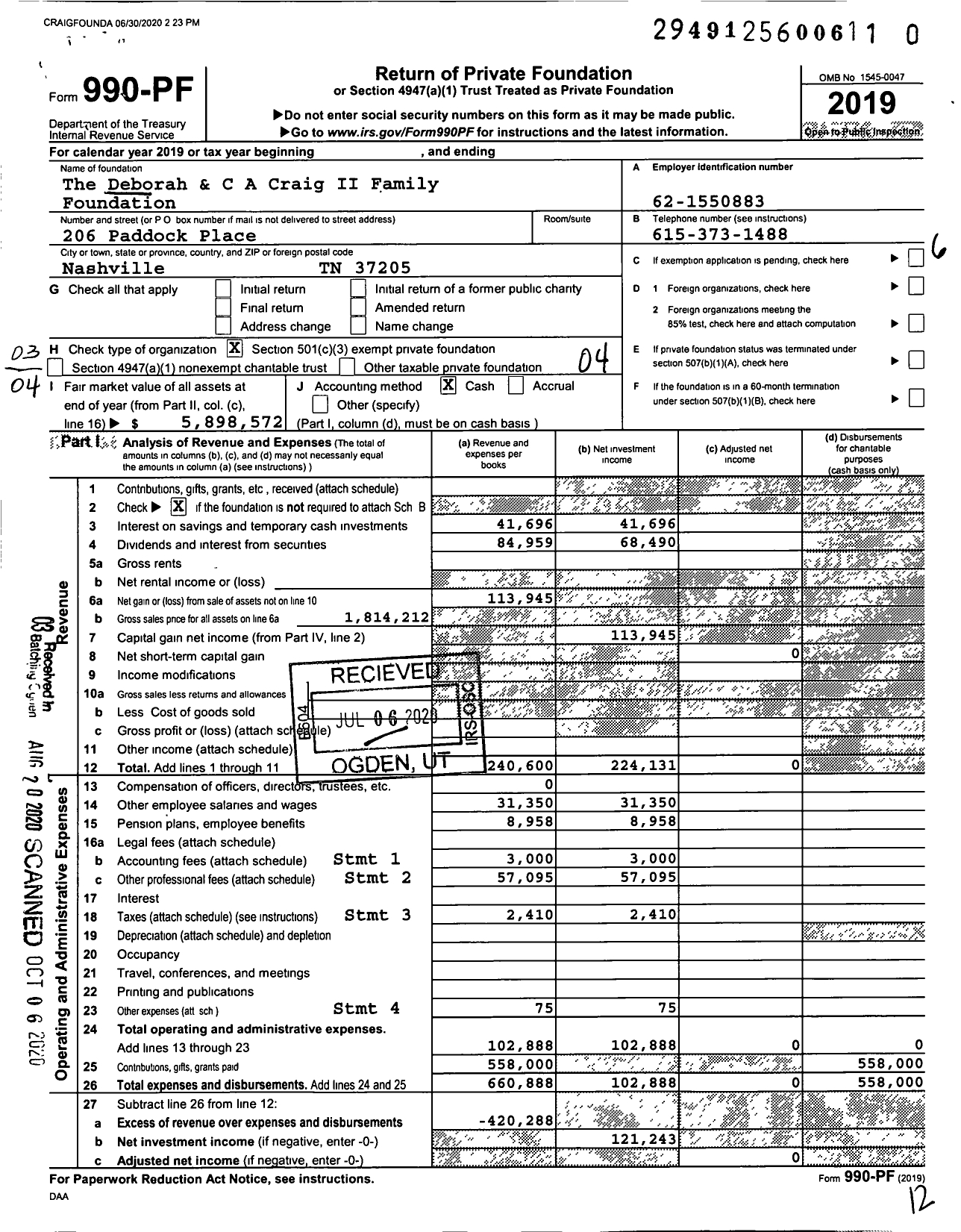 Image of first page of 2019 Form 990PR for The Deborah and C A Craig Ii Family Foundation