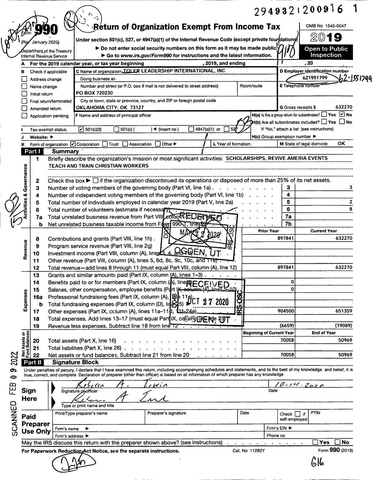 Image of first page of 2019 Form 990 for Toler Leadership International