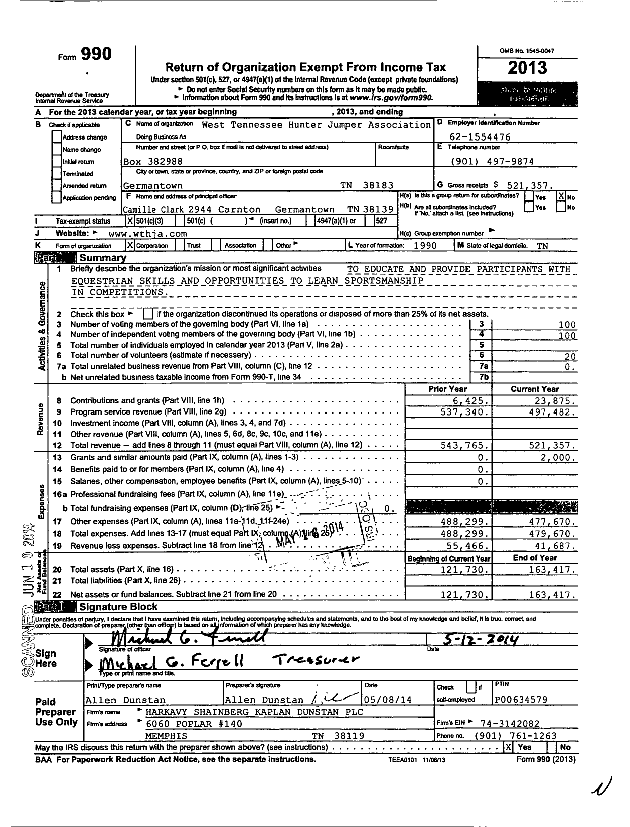 Image of first page of 2013 Form 990 for West Tennessee Hunter Jumper Association