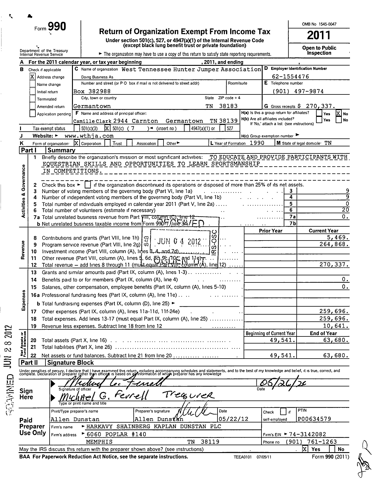 Image of first page of 2011 Form 990O for West Tennessee Hunter Jumper Association