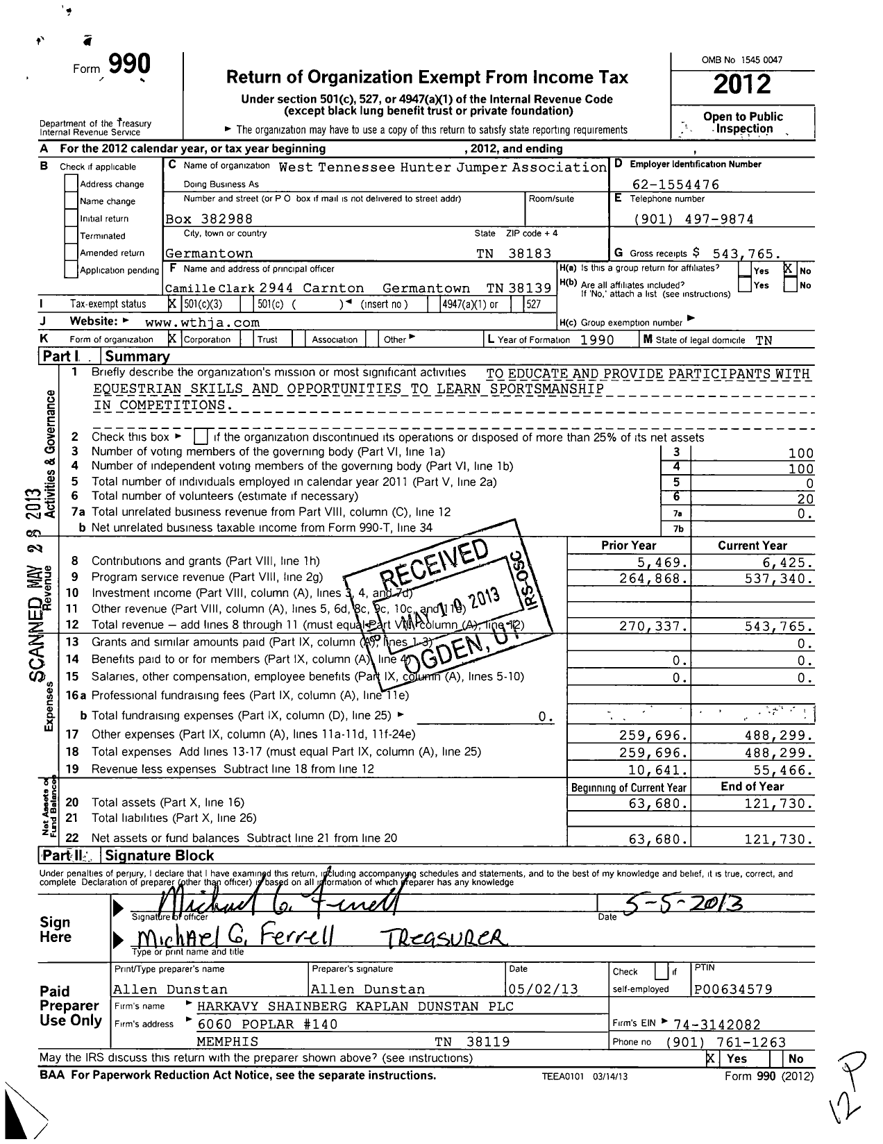 Image of first page of 2012 Form 990 for West Tennessee Hunter Jumper Association