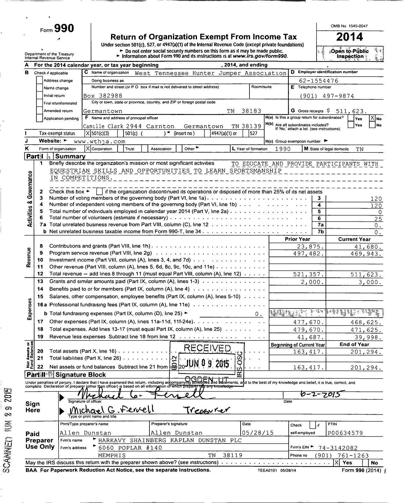 Image of first page of 2014 Form 990 for West Tennessee Hunter Jumper Association