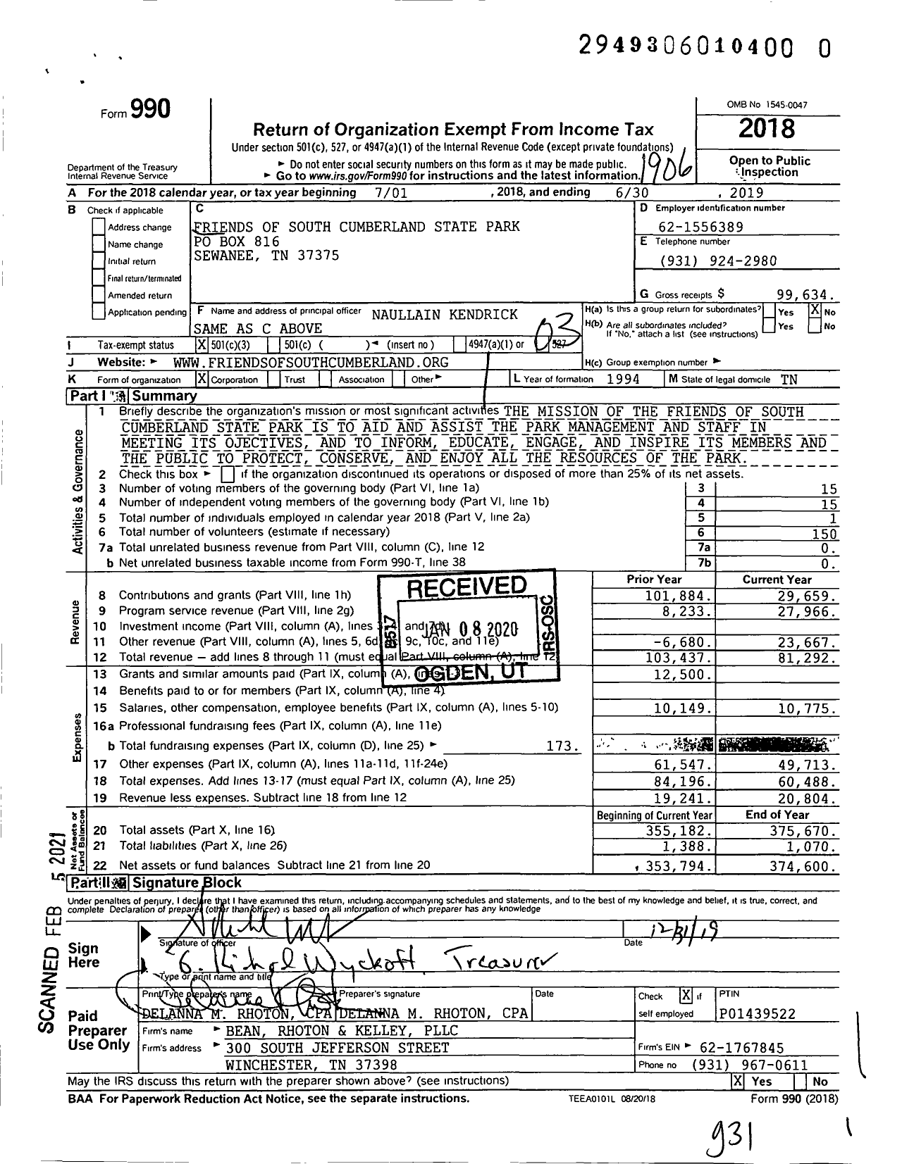 Image of first page of 2018 Form 990 for Friends of South Cumberland State Parks