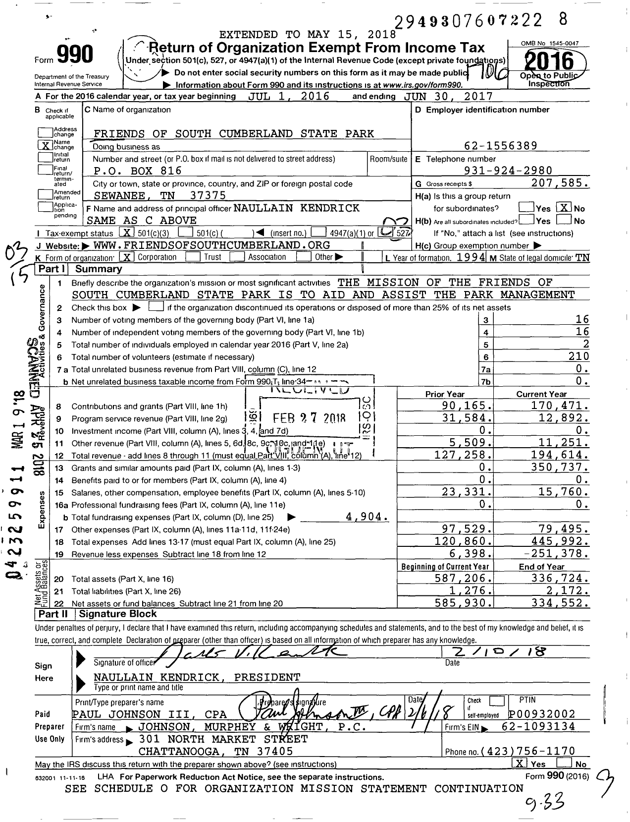 Image of first page of 2016 Form 990 for Friends of South Cumberland State Parks