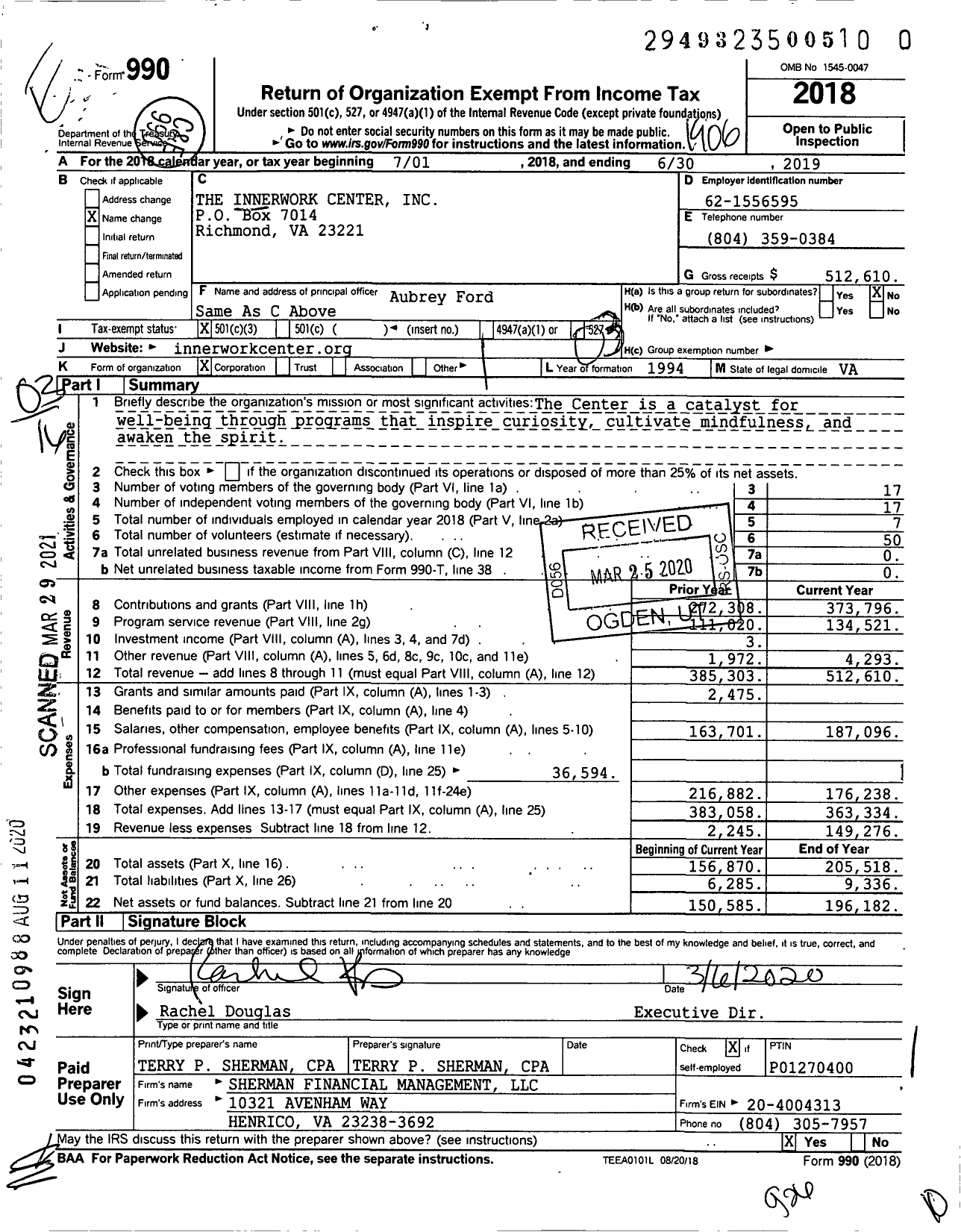 Image of first page of 2018 Form 990 for The Innerwork Center