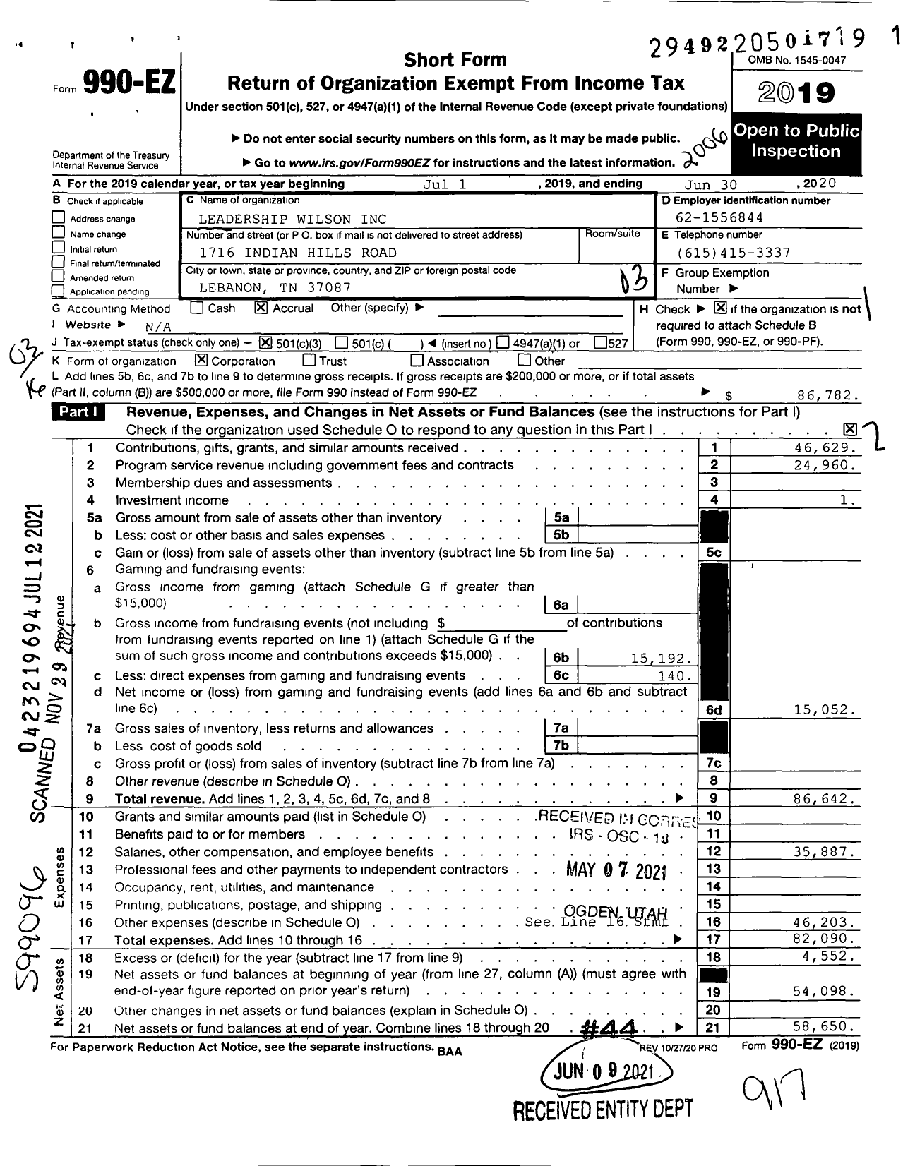 Image of first page of 2019 Form 990EZ for Leadership Wilson