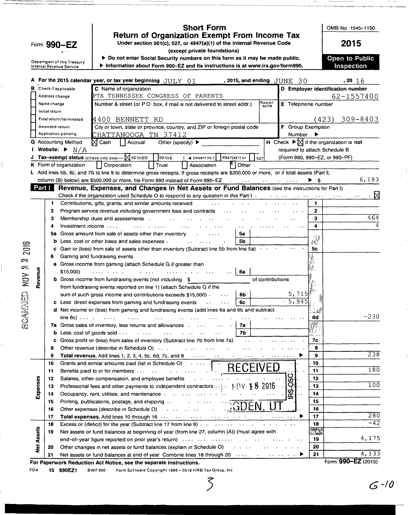 Image of first page of 2015 Form 990EZ for PTA Tennessee Congress of Parents and Teachers / East Ridge Middle School