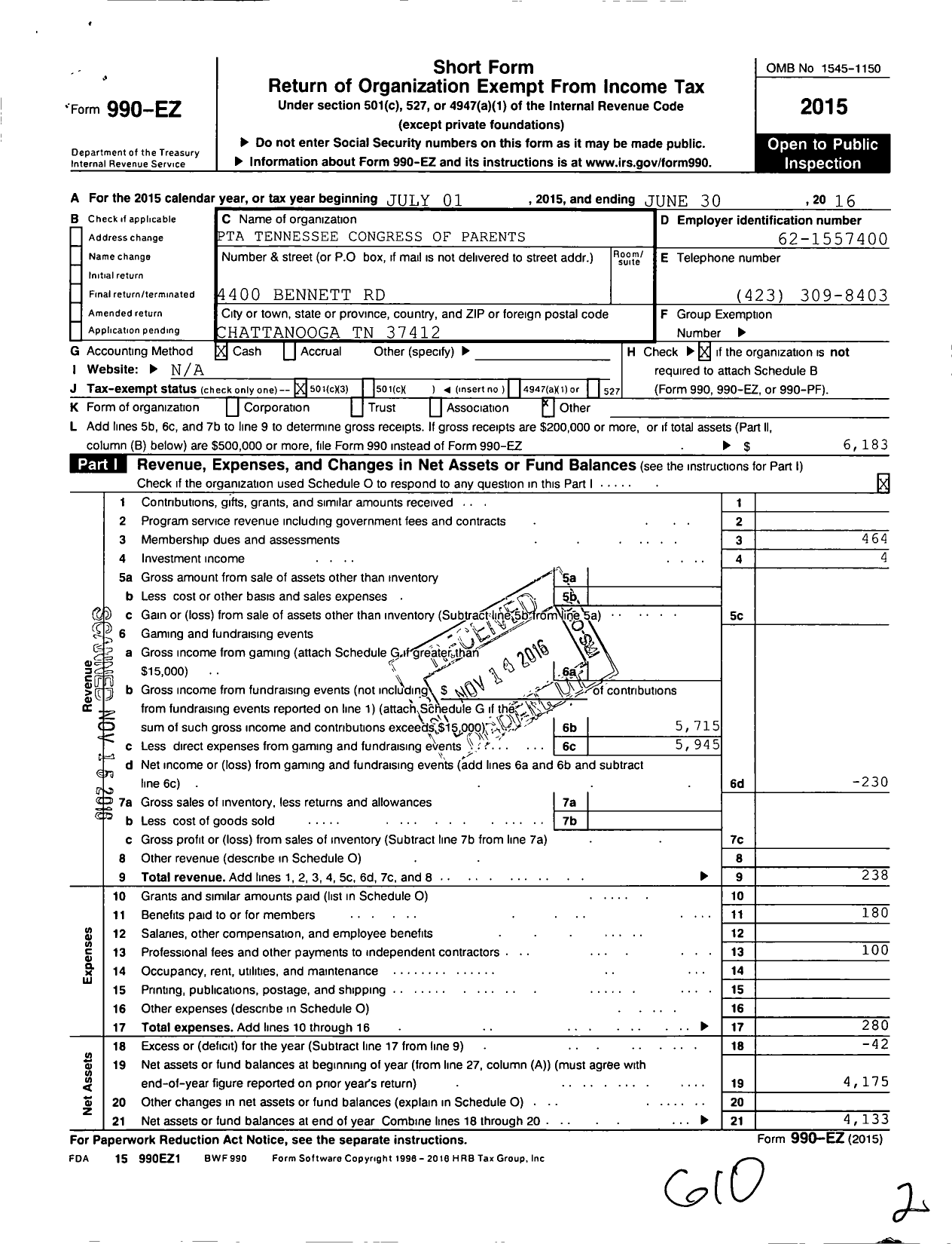 Image of first page of 2015 Form 990EZ for PTA Tennessee Congress of Parents and Teachers / East Ridge Middle School