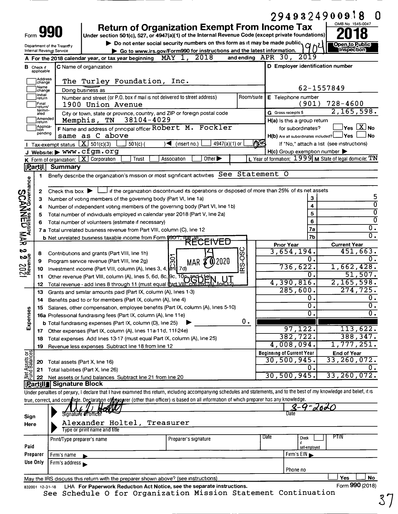 Image of first page of 2018 Form 990 for The Turley Foundation