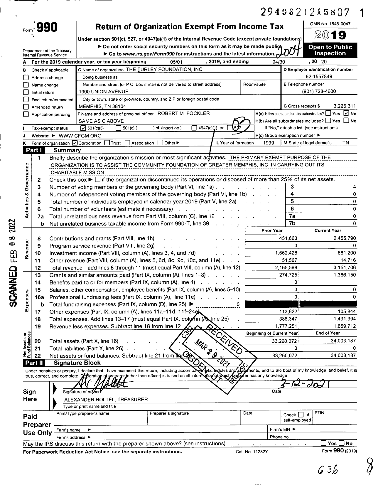 Image of first page of 2019 Form 990 for The Turley Foundation