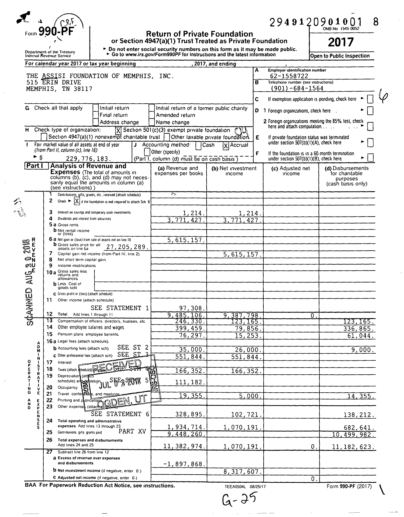 Image of first page of 2017 Form 990PF for Assisi Foundation of Memphis