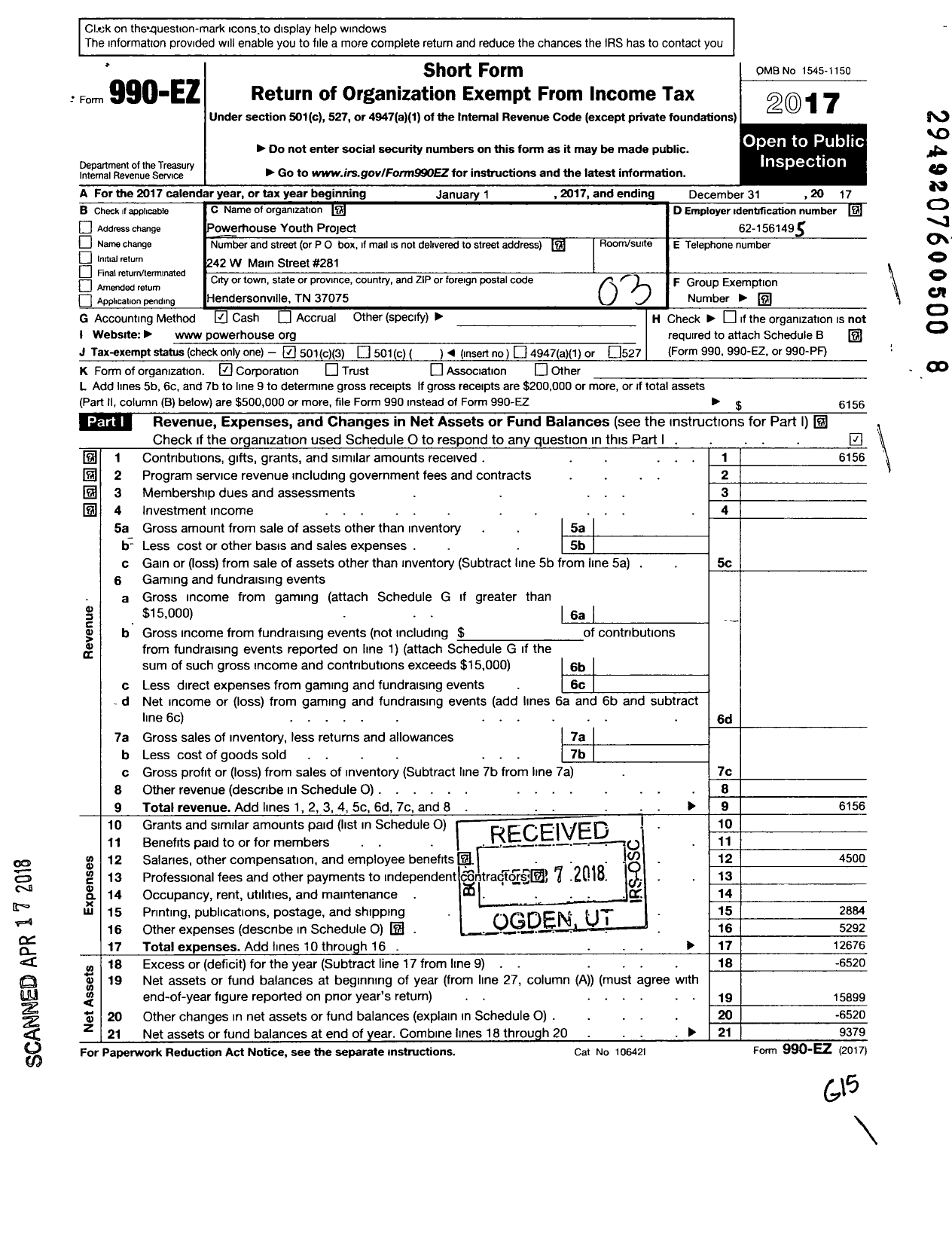 Image of first page of 2017 Form 990EZ for Powerhouse Youth Project