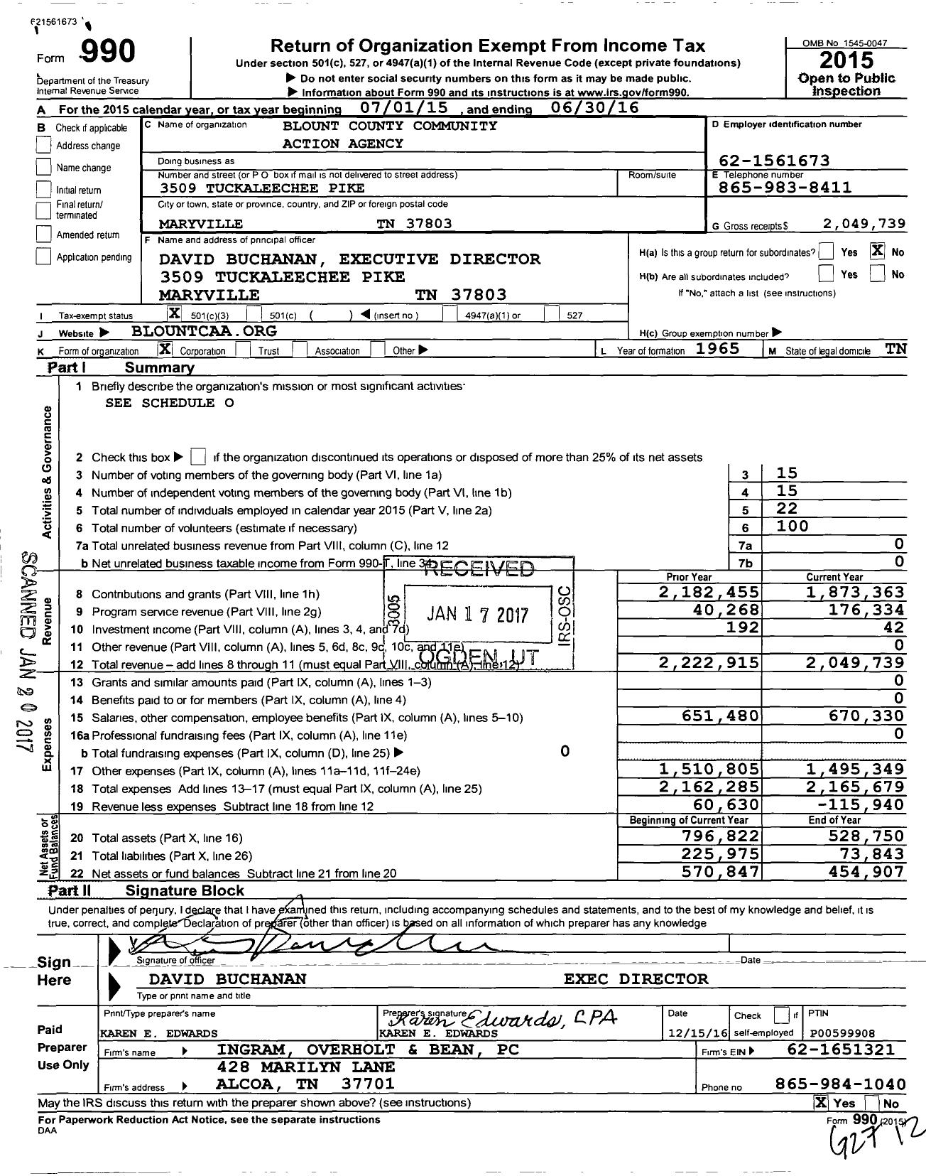 Image of first page of 2015 Form 990 for Blount County Community Action Agency