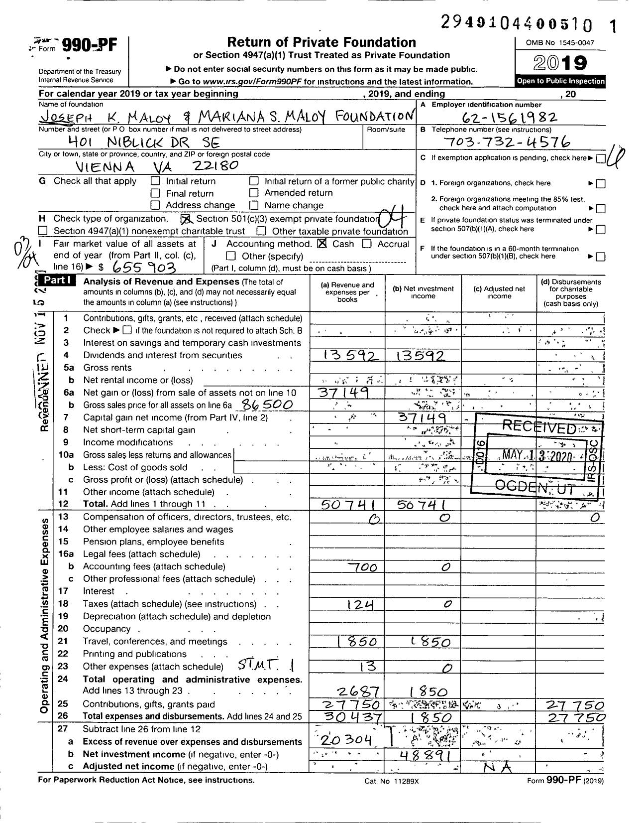 Image of first page of 2019 Form 990PF for Joseph k Maloy and Marianna s Maloy Foundation