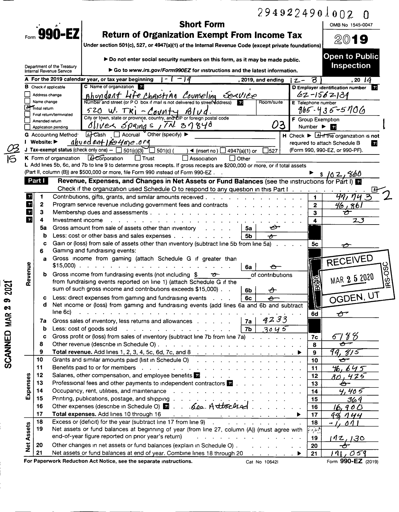 Image of first page of 2019 Form 990EZ for ABUNDANT LIFE CHRISTIAN Counseling Services