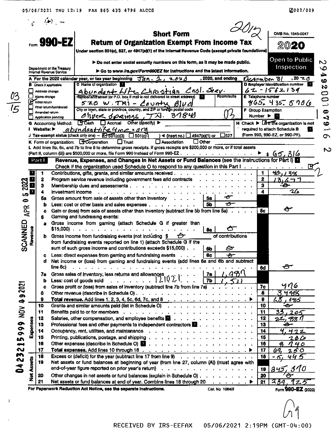 Image of first page of 2020 Form 990EZ for ABUNDANT LIFE CHRISTIAN Counseling Services