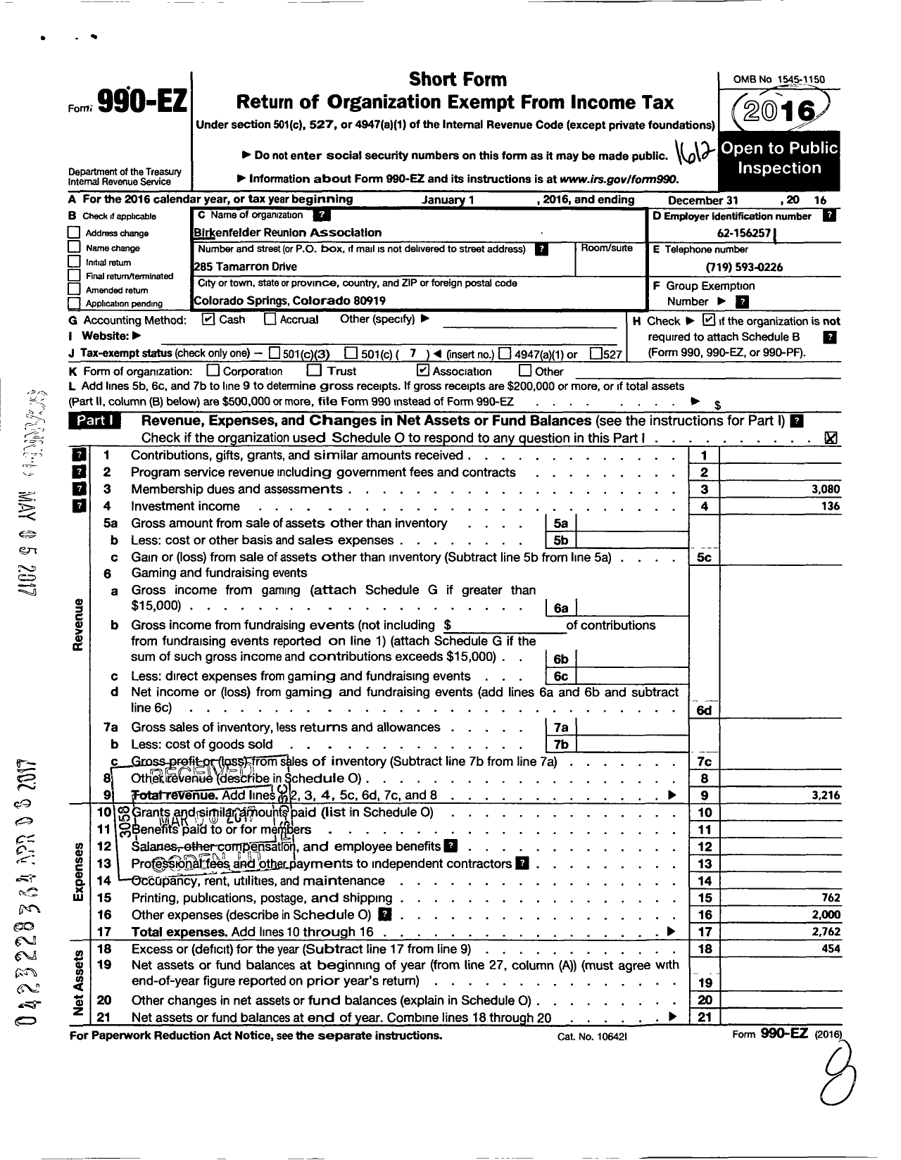 Image of first page of 2016 Form 990EO for Birkenfelder Reunion Association