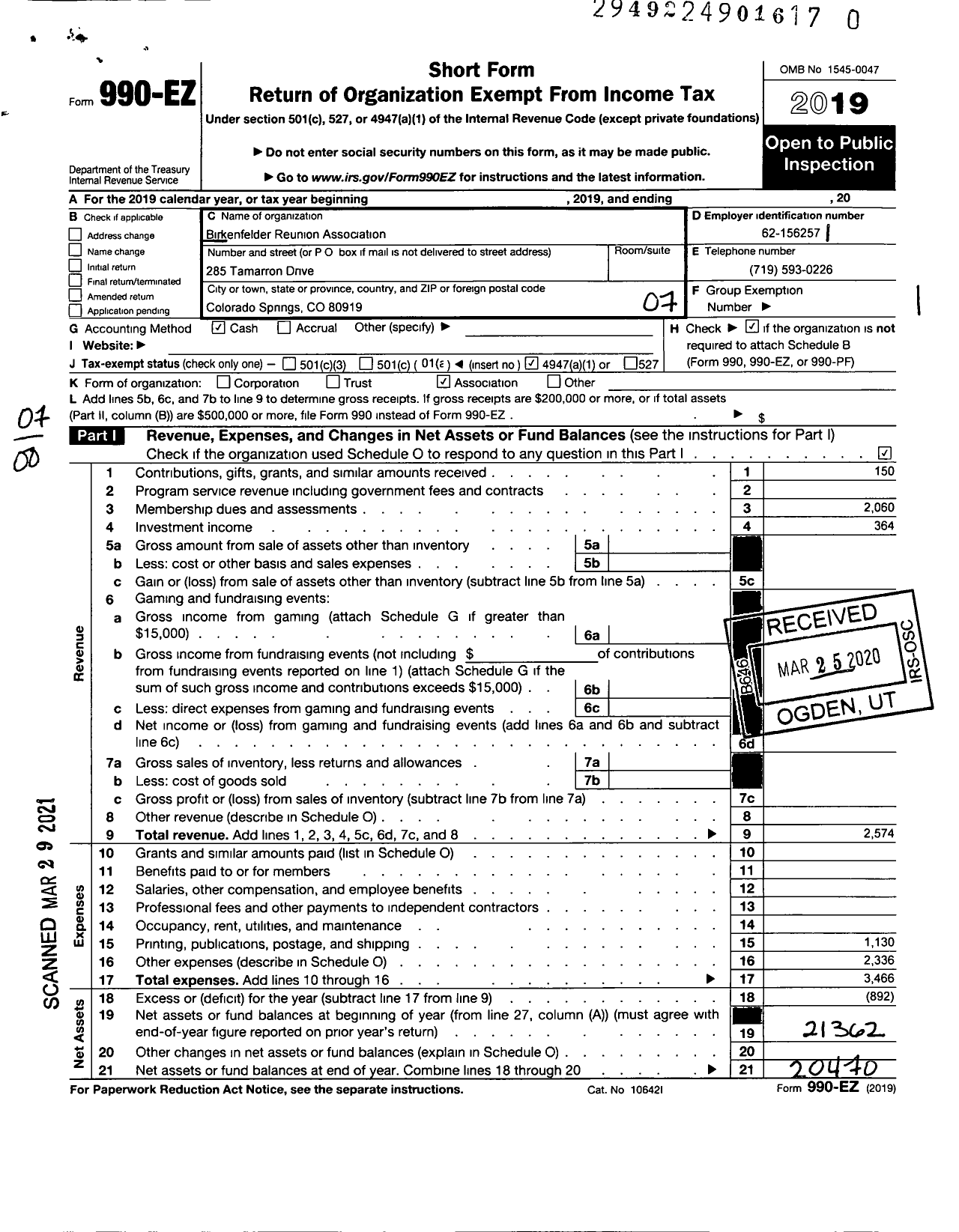 Image of first page of 2019 Form 990EO for Birkenfelder Reunion Association