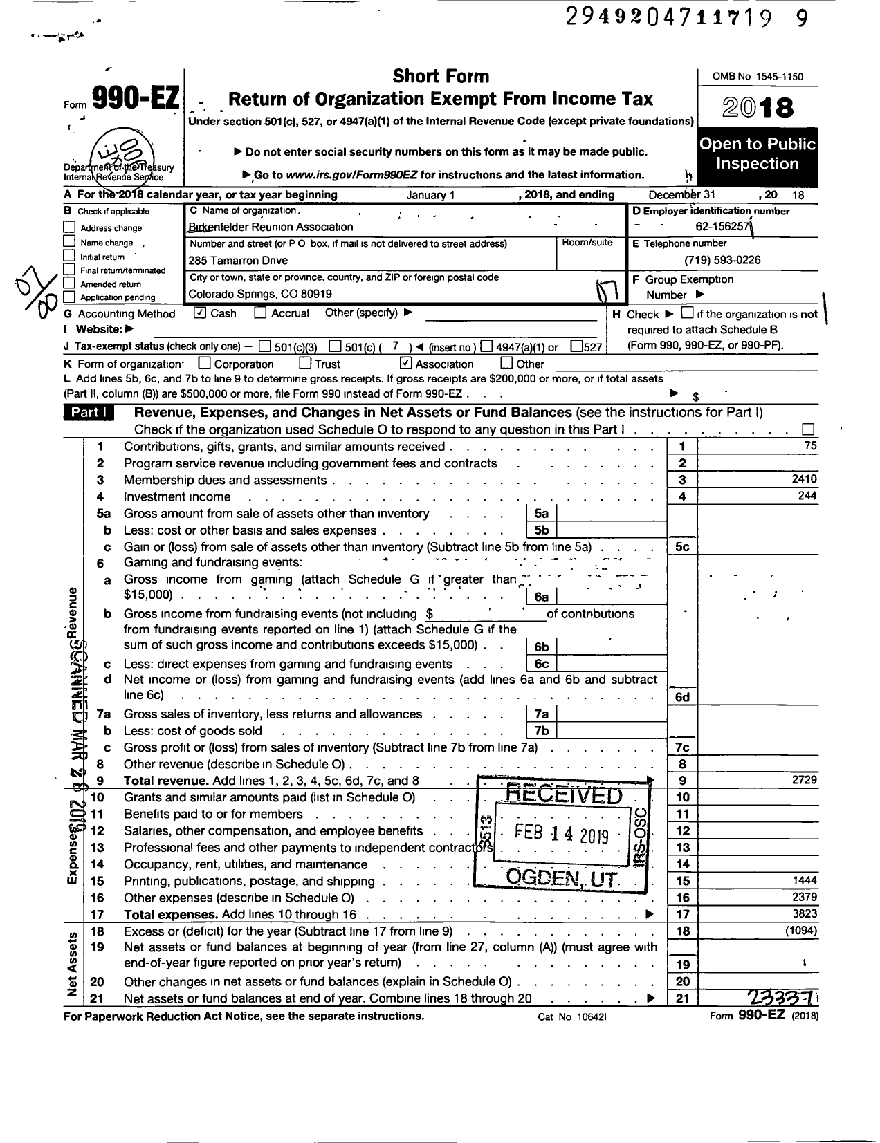 Image of first page of 2018 Form 990EO for Birkenfelder Reunion Association