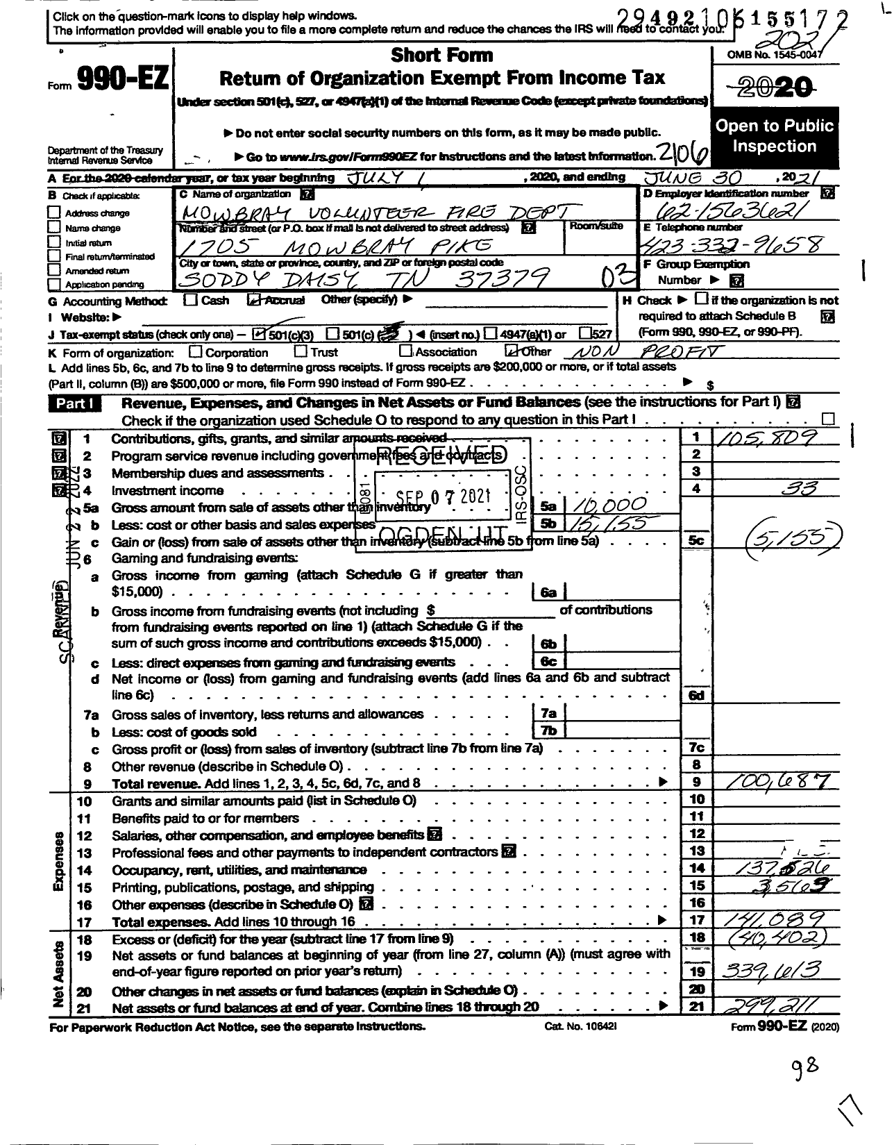 Image of first page of 2020 Form 990EZ for Mowbray Volunteer Fire Department