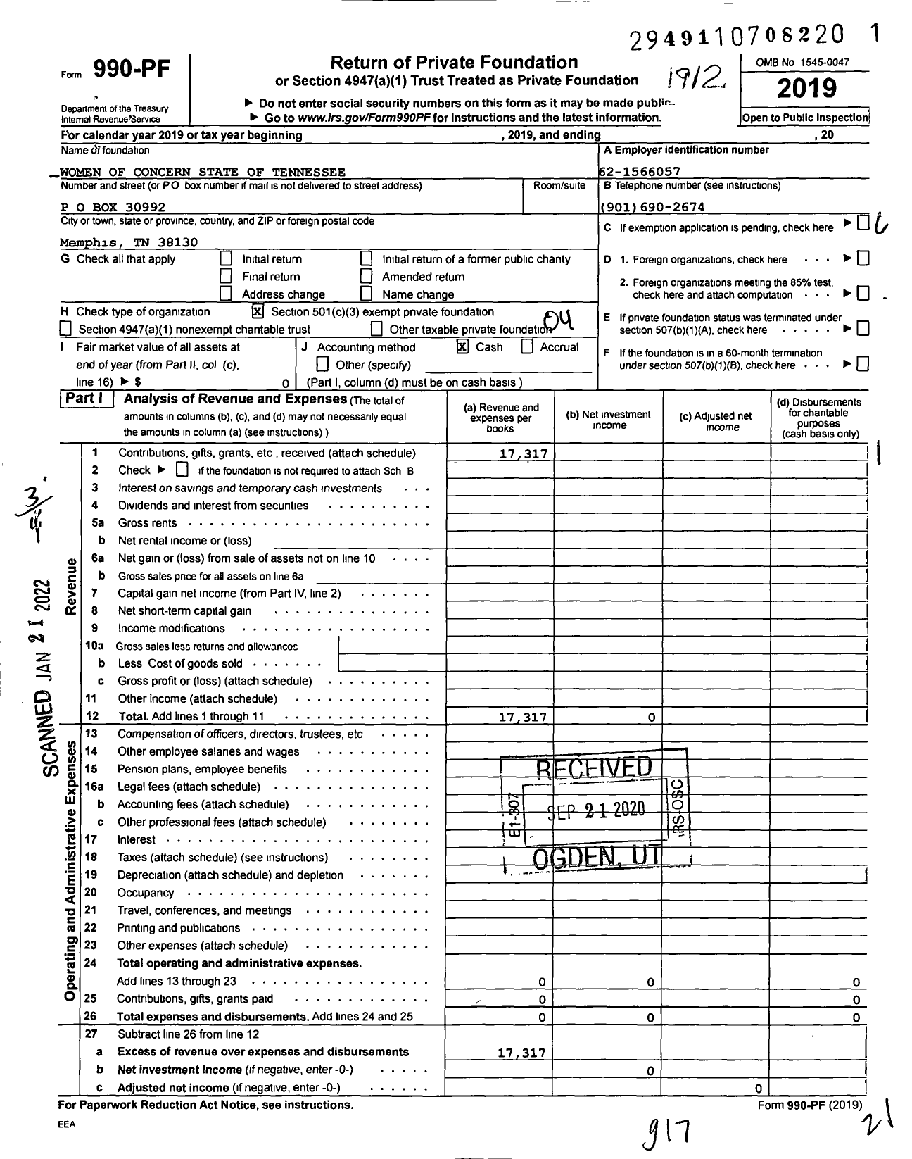 Image of first page of 2019 Form 990PF for Women of Concern State of Tennessee