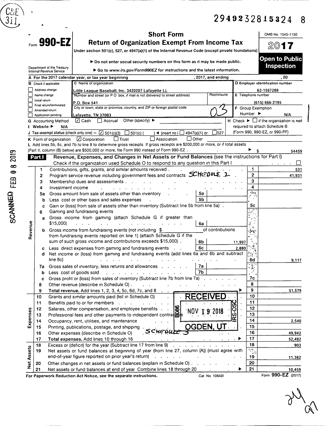 Image of first page of 2017 Form 990EZ for Little League Baseball - 3420207 Lafayette LL